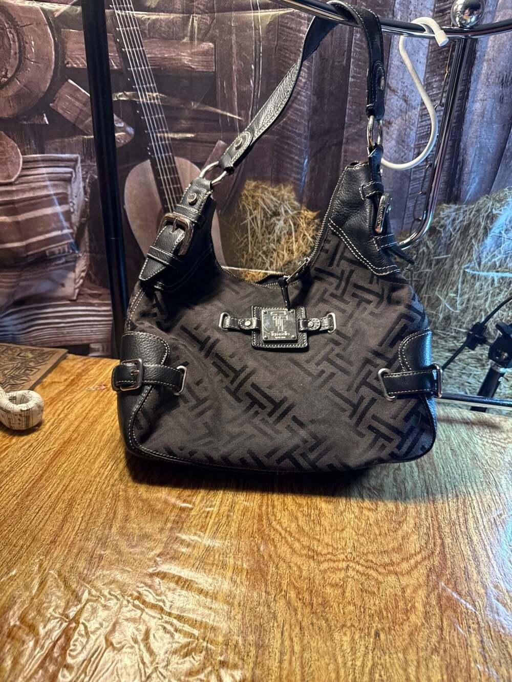 Tignanello Logo Black Purse Handbag Shoulder Bag Silver Hardware